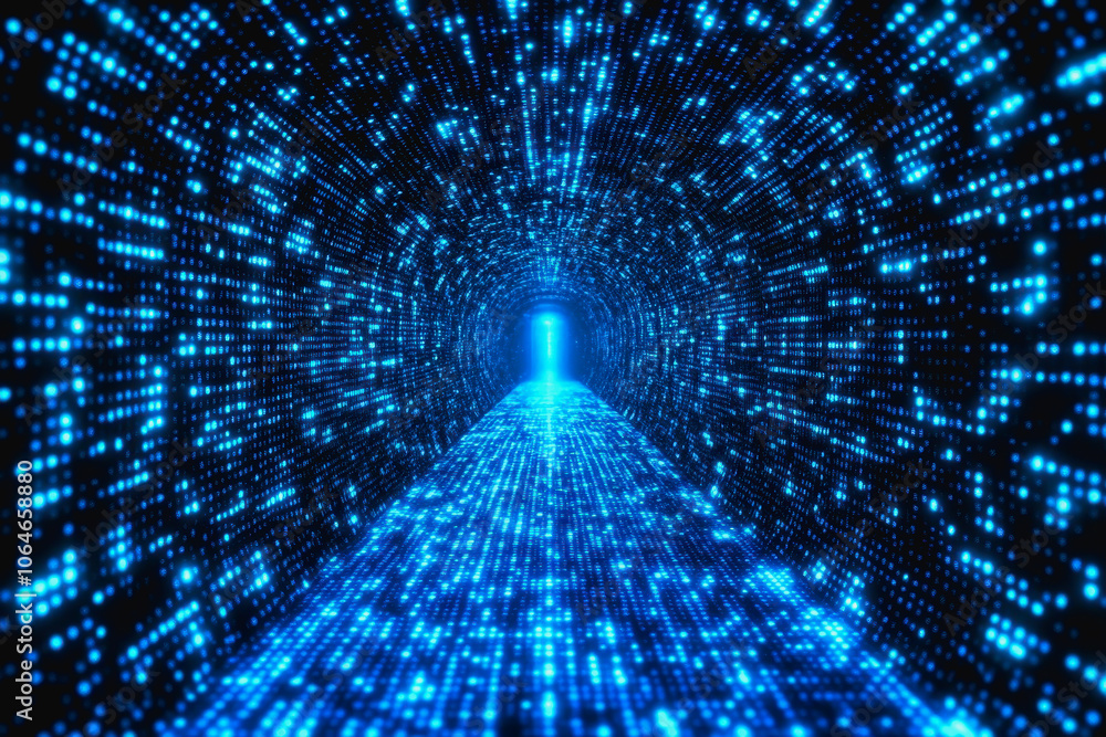 Neon Blue Corridor with Light Streams in Digital Style Neon Blue Corridor with Light Streams in Digital Style