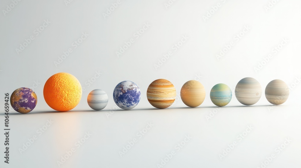 Sun and planets in line on white, with a minimal and educational style for easy understanding Sun and planets in line on white, with a minimal and educational style for easy understanding