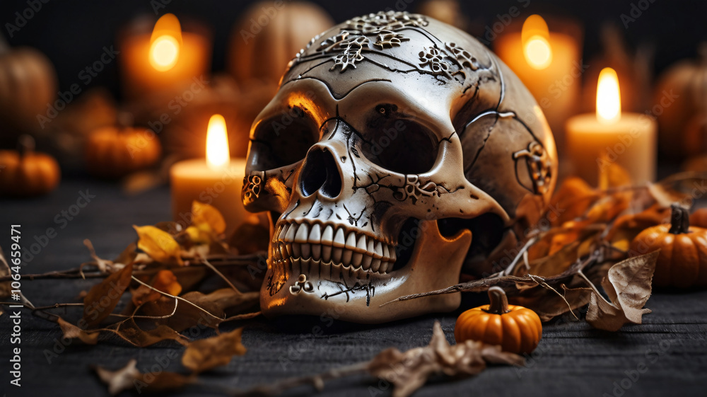 Composition with different burning candles, skull and web for Halloween celebration on a background