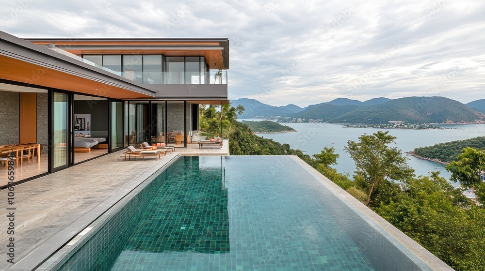 Fototapeta premium Modern villa with an infinity pool overlooking a serene landscape.