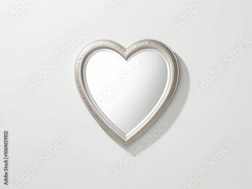 Heart-shaped mirror with a silver frame, white isolated background.