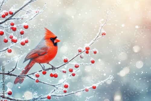 A Red Cardinal Perched on a Snowy Branch with Berries photo