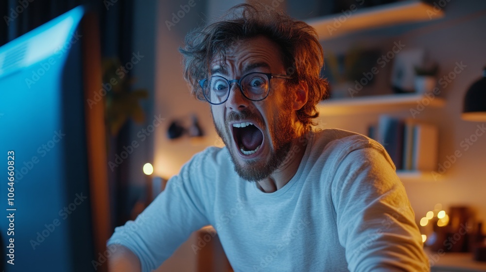 angry businessman working on the laptop. Humorous Coronavirus stay at home social media awareness campaign: stressed man working from home and shouting at the computer angry businessman working on the laptop. Humorous Coronavirus stay at home social media awareness campaign: stressed man working from home and shouting at the computer