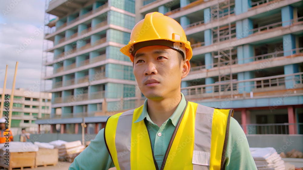Asian Constructions worker wearing a yellow hard hat and safety vest is working on a building site Asian Constructions worker wearing a yellow hard hat and safety vest is working on a building site