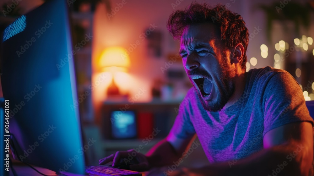 angry businessman working on the laptop. Humorous Coronavirus stay at home social media awareness campaign: stressed man working from home and shouting at the computer angry businessman working on the laptop. Humorous Coronavirus stay at home social media awareness campaign: stressed man working from home and shouting at the computer