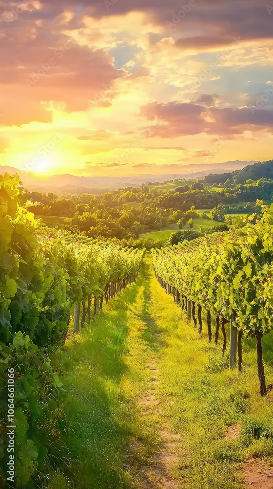 Naklejka premium Lush Vineyard Landscape Under a Beautiful Sunset