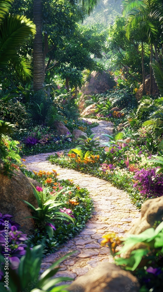 Naklejka premium Lush Island Garden with Blooming Flowers and Winding Path