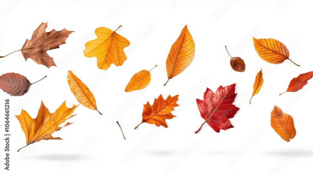 A dynamic arrangement of falling autumn leaves, featuring a mix of different species, against a transparent background, perfect for seasonal graphics, invitations, and promotional content A dynamic arrangement of falling autumn leaves, featuring a mix of different species, against a transparent background, perfect for seasonal graphics, invitations, and promotional content