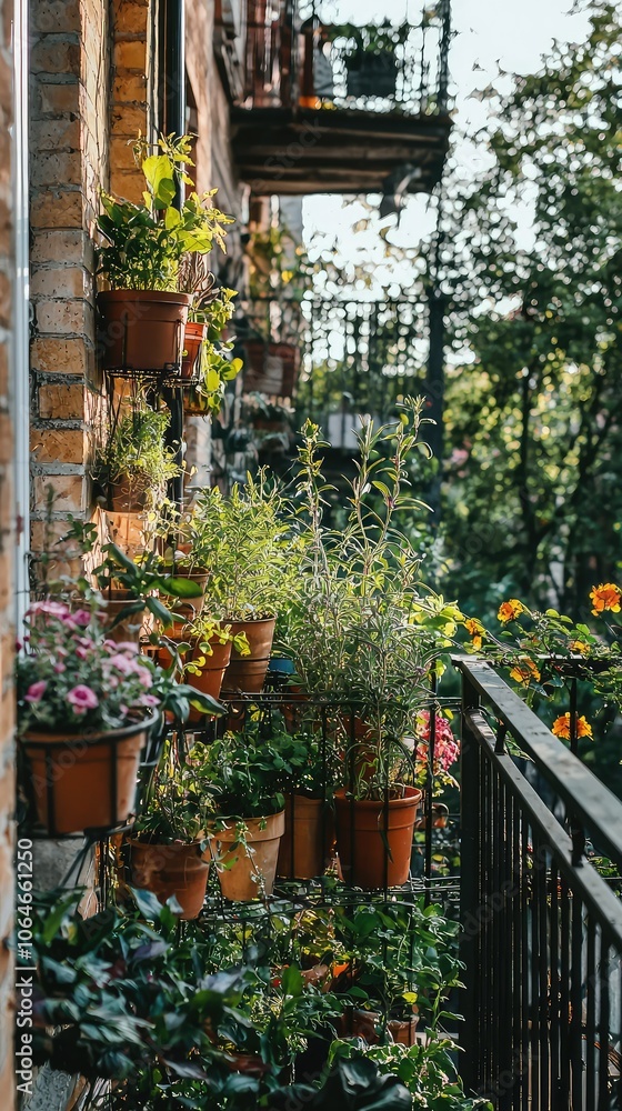 Lush Balcony Garden with Thriving Herb Plants Lush Balcony Garden with Thriving Herb Plants
