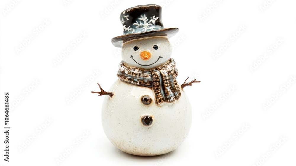 Fototapeta premium Winter holiday figure photo, featuring a classic snowman on a pure white background for a simple seasonal vibe