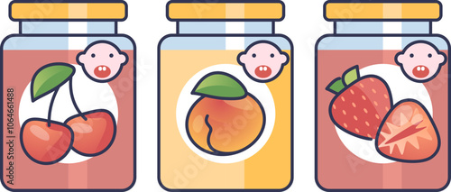 Illustration of baby food jars with cherry, peach, and strawberry flavors.