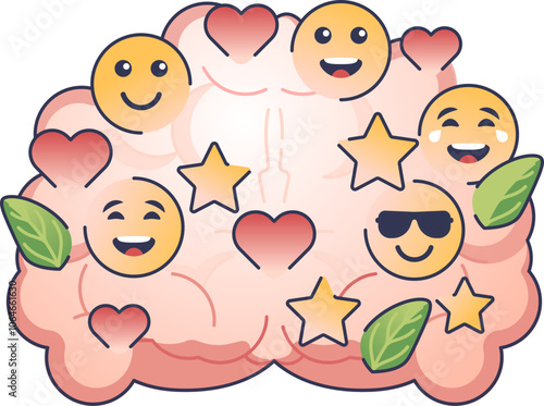 Illustration of a brain silhouette filled with positive icons like hearts and smiley faces, symbolizing optimism and happiness.