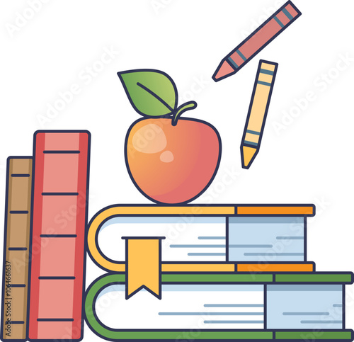 A colorful stack of books with a half apple on top, symbolizing education and knowledge.