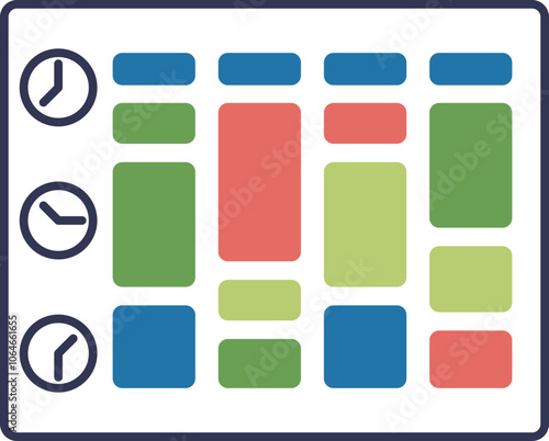 Colorful blocks and clock icons represent a structured calendar timetable.