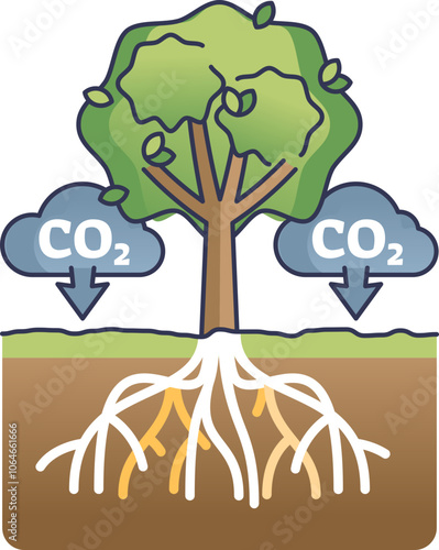 Tree absorbing CO2, illustrating carbon sequestration through roots.