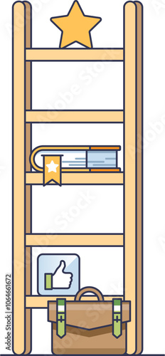 Ladder with star, book, thumbs-up, and briefcase symbolizing career progression.