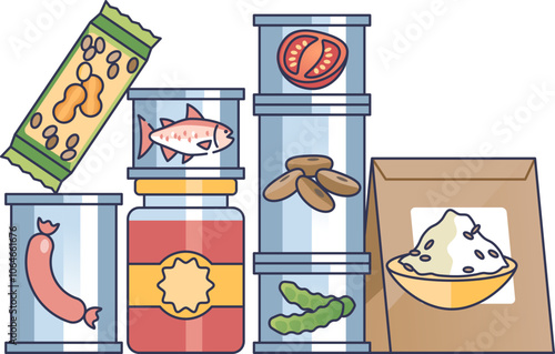 Illustration of stacked canned food with fish and fruit labels, symbolizing food storage and pantry organization.