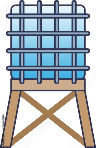 Illustration of a cubical water storage tank on a wooden stand, symbolizing efficient water management.