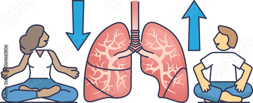 Illustration of deep breathing with lungs and meditating figures.