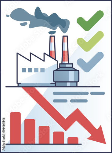 Factory with smoke, declining graph, and check marks symbolize divestment and environmental impact.