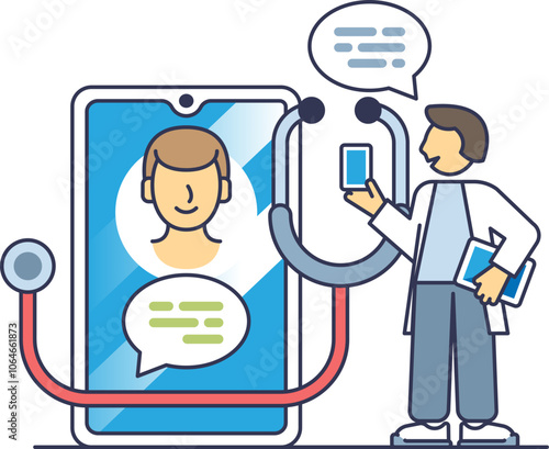 Illustration of a doctor using a smartphone for virtual consultation with a patient on a tablet.