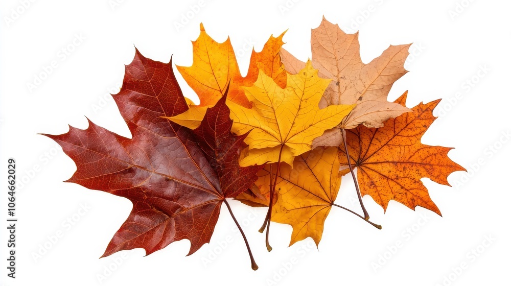 Close-up of colorful autumn leaves in mid-fall, isolated on a white background, showcasing their intricate details and textures, ideal for use in nature-themed designs and advertisements Close-up of colorful autumn leaves in mid-fall, isolated on a white background, showcasing their intricate details and textures, ideal for use in nature-themed designs and advertisements