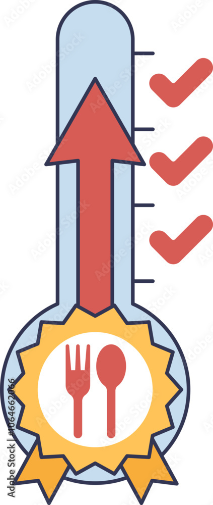 Thermometer with arrow and food symbol, indicating progress in a food drive. Thermometer with arrow and food symbol, indicating progress in a food drive.