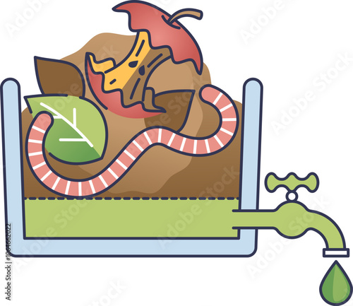 Illustration of composting with worms, leaves, and apple core, symbolizing nutrient-rich extract.