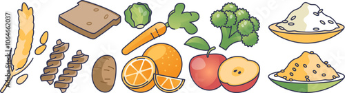 Illustration of fiber-rich foods like grains, fruits, and vegetables promoting healthy eating.