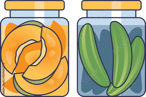 Illustration of jars with preserved melon slices and cucumbers, symbolizing food preservation.