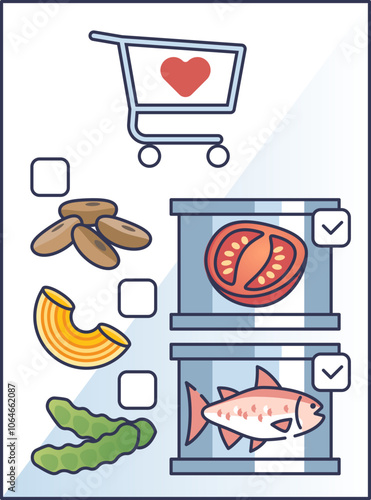 Illustration of a food drive checklist with canned goods, pasta, and vegetables.