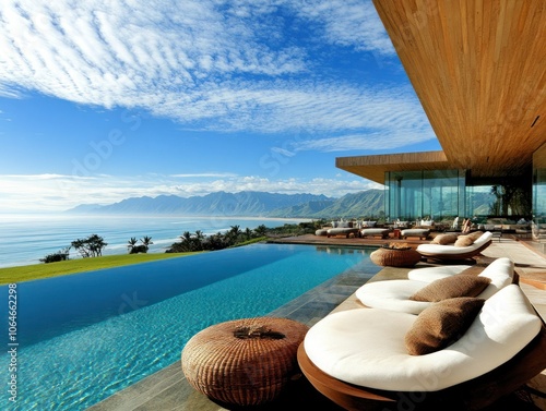 Modern villa with an infinity pool overlooking mountains and ocean under a blue sky. photo