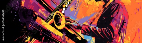 Jazz music background poster band instrument concert piano art abstract. Background jazz saxophone music flyer illustration design party festival singer orchestra player musician fest banner guitar. 