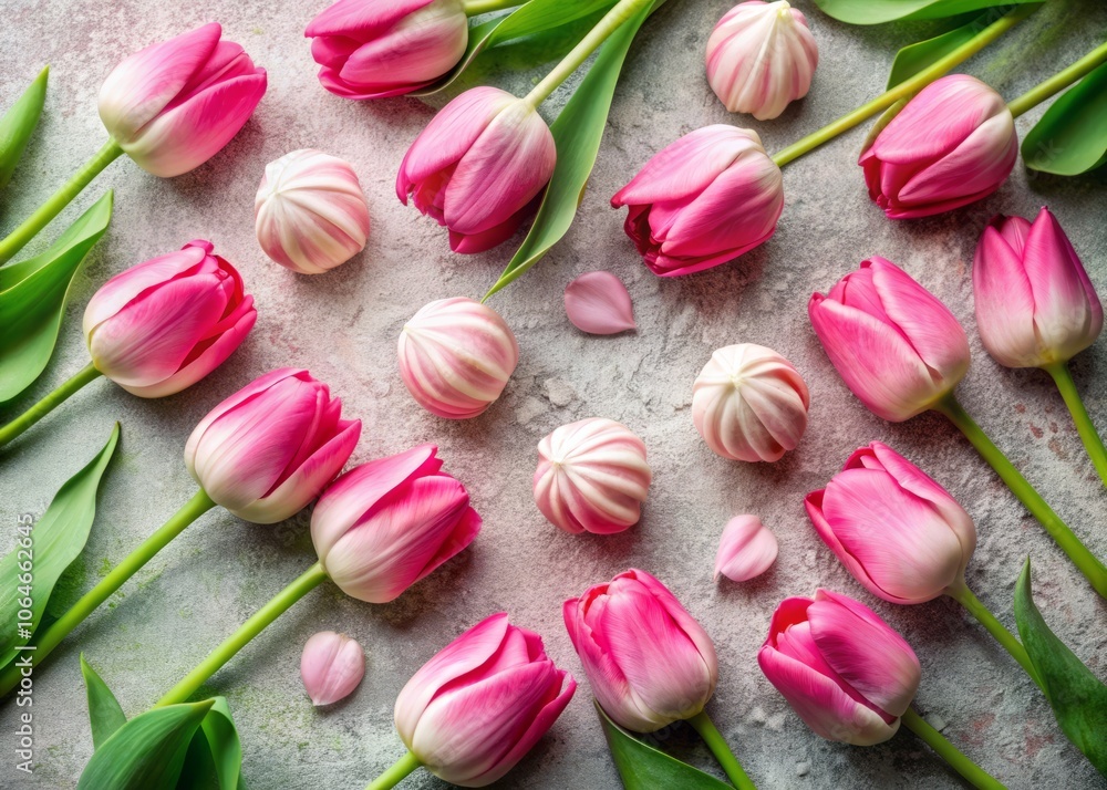 Fototapeta premium Bright Pink Marshmallow Tulips Spread Across a Table Surface, Showcasing Their Delicate Petals and Vibrant Colors in a Captivating Fashion Photography Style