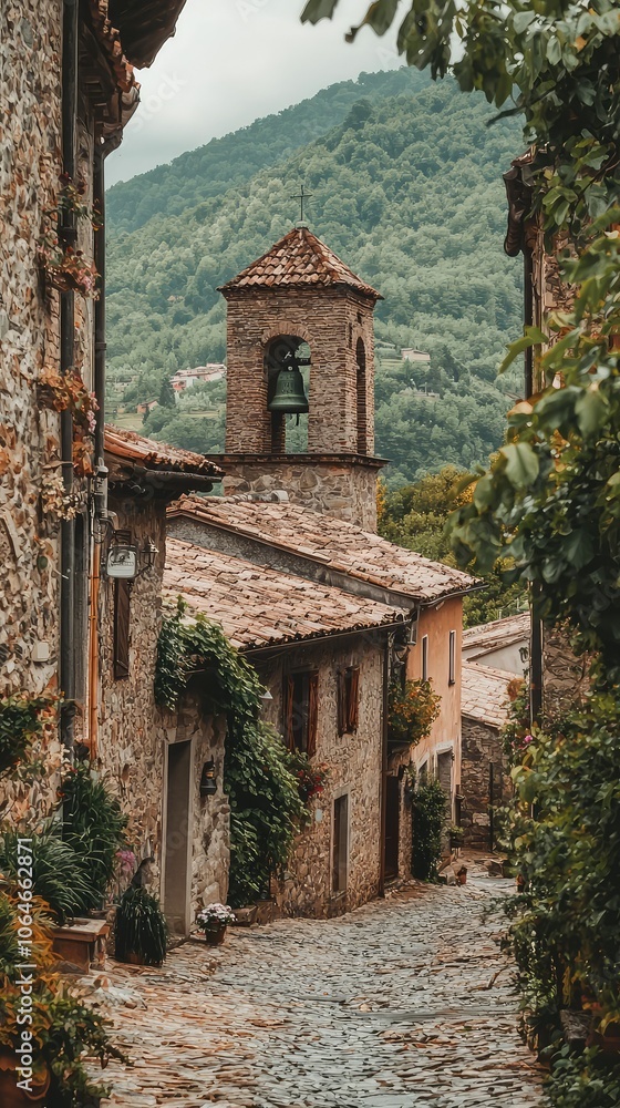 Fototapeta premium Quaint European Village with Historic Bell Tower