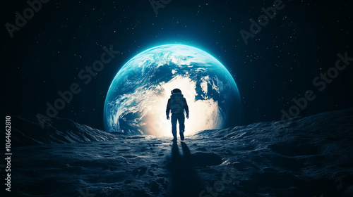 Astronaut Silhouette Walking Towards Glowing Earth in Space with Stars and a Rocky Surface