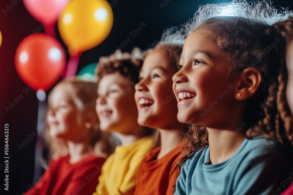 Diverse group of children watching a performance with joyful expressions and colorful balloons in the background Diverse group of children watching a performance with joyful expressions and colorful balloons in the background