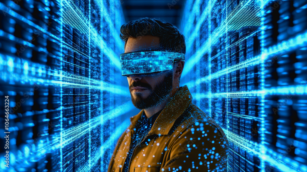 Futuristic Man in Modern Warehouse with Augmented Reality Futuristic Man in Modern Warehouse with Augmented Reality