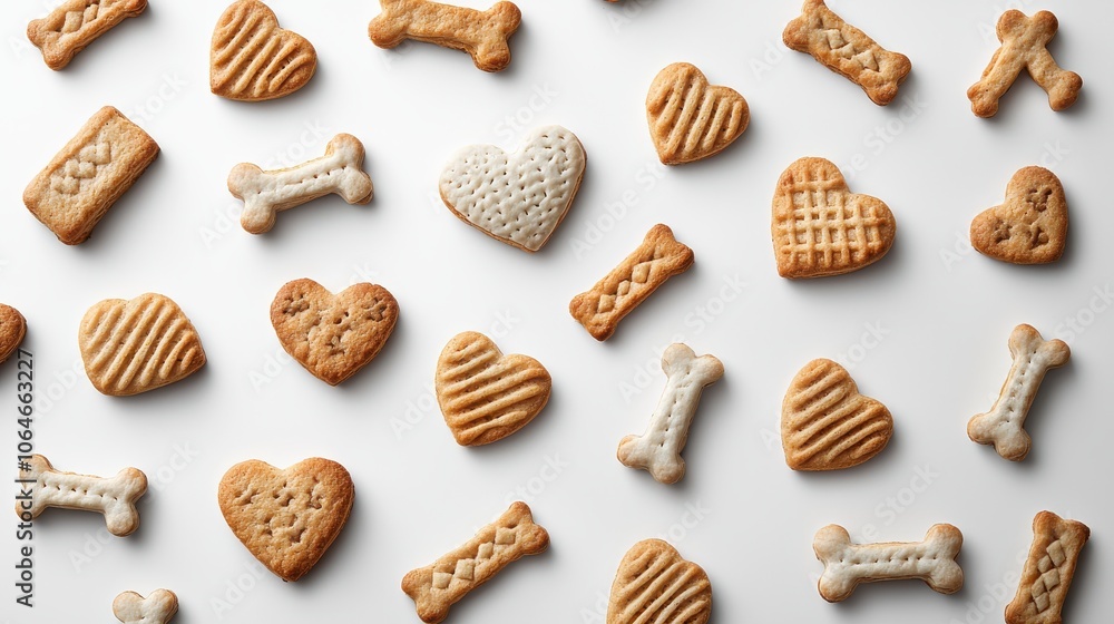 Close-up of freshly baked dog biscuits, featuring heart and bone shapes, beautifully presented against a white background, ideal for pet food advertisements and packaging designs Close-up of freshly baked dog biscuits, featuring heart and bone shapes, beautifully presented against a white background, ideal for pet food advertisements and packaging designs