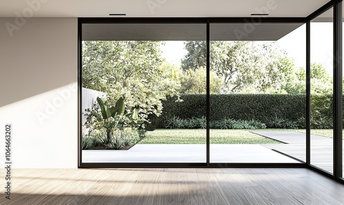 modern, empty room with a white wall and wooden floor. Minimal home interior design of a living space mock-up, with a panoramic window view to the garden landscape outside the glass door