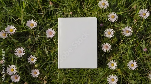 Blank white book cover mockup on flower meadow grass field, empty notebook dairy mockups on lush green floral garden photo