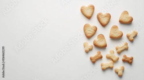 Close-up of freshly baked dog biscuits, featuring heart and bone shapes, beautifully presented against a white background, ideal for pet food advertisements and packaging designs