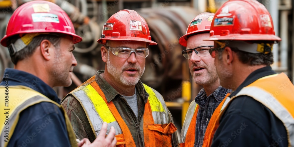 Obraz premium Group of four male construction workers discussing a project on site.