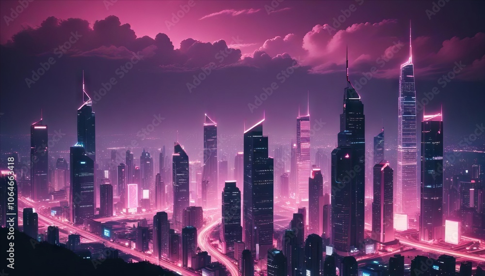 Pink Night Skyline Over Downtown Skyscrapers and City Lights Reflecting Pink Night Skyline Over Downtown Skyscrapers and City Lights Reflecting