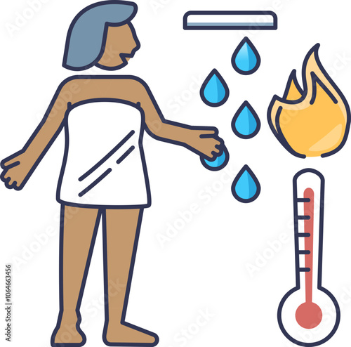 Illustration of a person enjoying a hot shower with water droplets, fire, and thermometer symbolizing warmth.