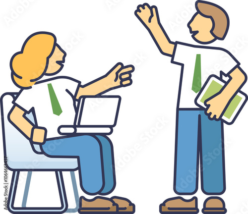 Two people in discussion, one seated with a laptop, the other standing with documents, symbolizing investor debate.