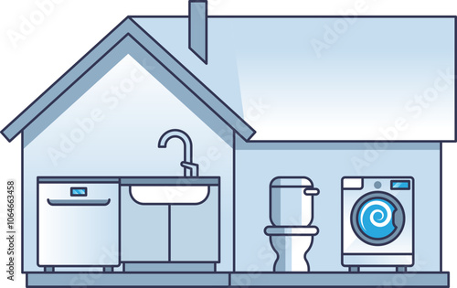 Illustration of home water use appliances: dishwasher, sink, toilet, washing machine.