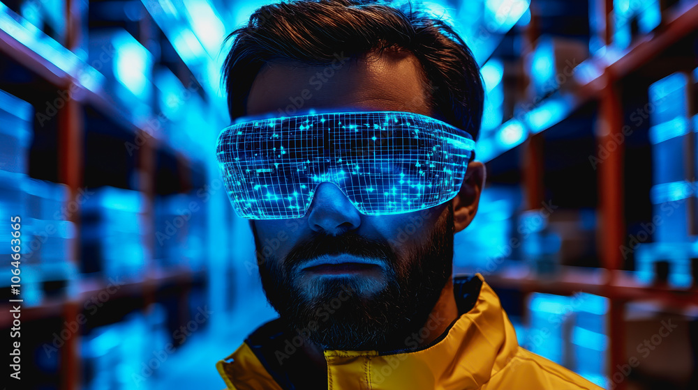 Futuristic Man in Modern Warehouse Setting Futuristic Man in Modern Warehouse Setting