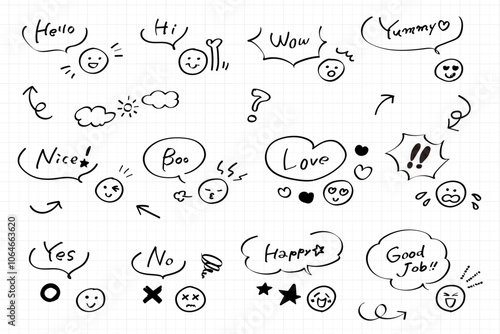 かわいい落書き風ふきだしと表情のイラストセット　モノクロ　ノート
