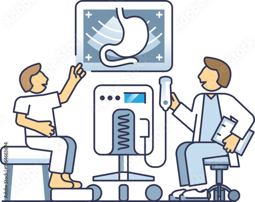 Doctor and patient discussing ultrasound results of the stomach.